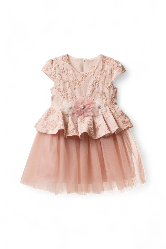 Salmon and white girl dress with floral pattern and tulle skirt