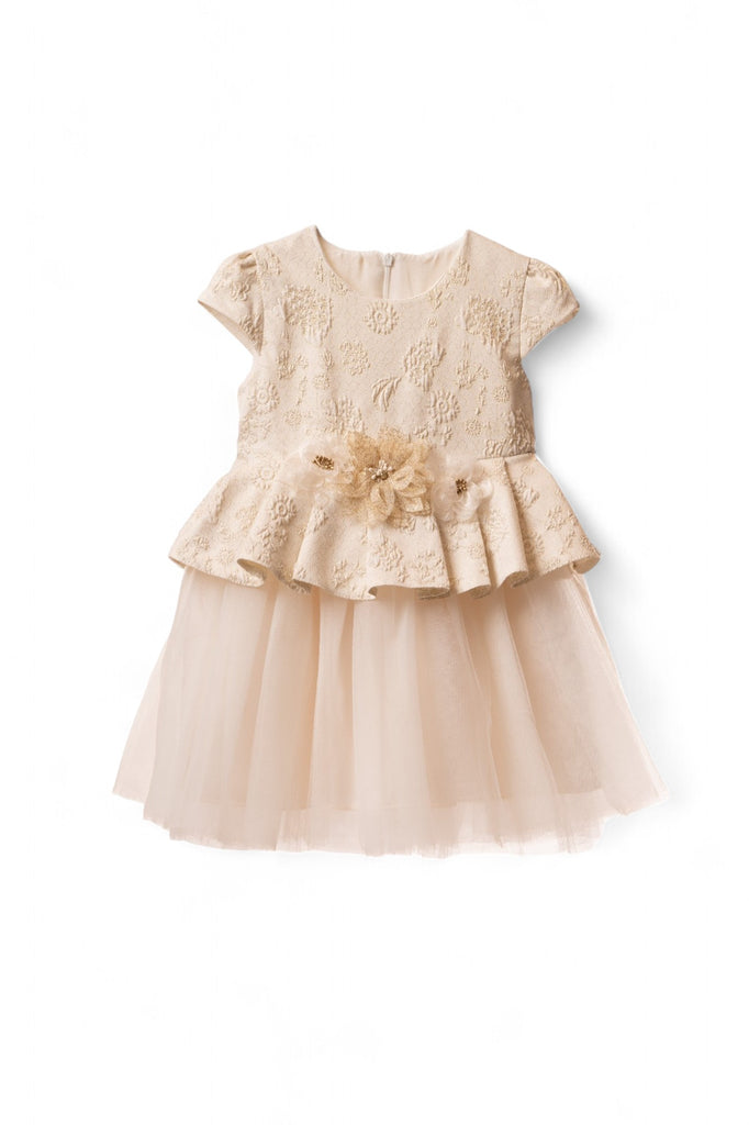 Ecru and white girl dress with floral pattern and tulle skirt