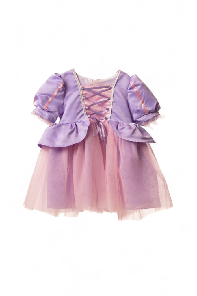 Purple and pink princess costume dress with puff sleeves and tulle skirt
