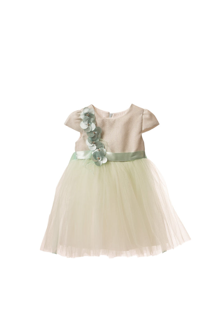Light green tulle girl party dress with blue floral accents and matching headpiece