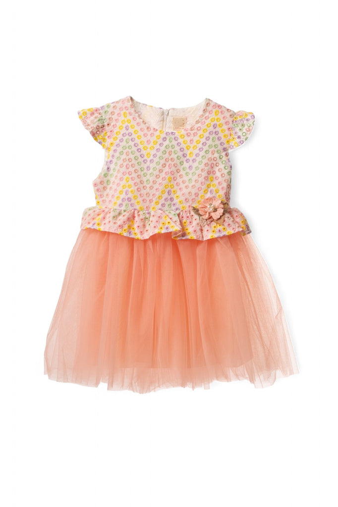 "Colorful girl dress with ruffled sleeves, polka dot pattern, and salmon tulle skirt