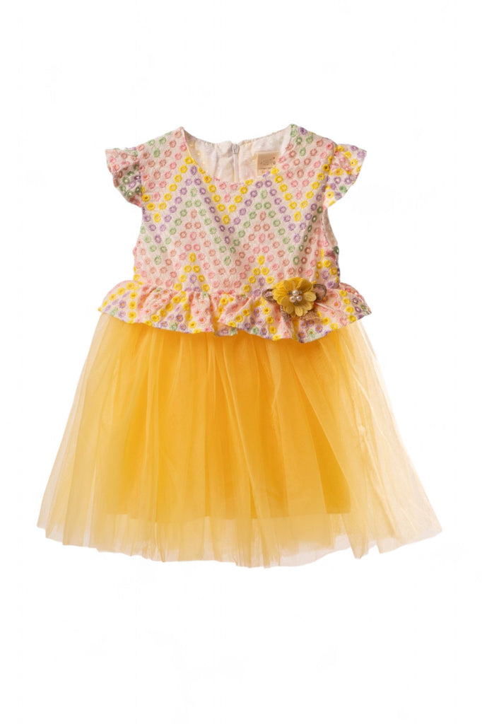 "Colorful  girl dress with ruffled sleeves, polka dot pattern, and yellow tulle skirt