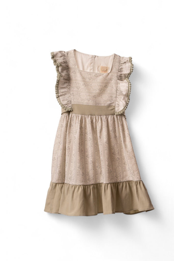 Mint girl dress with ruffled sleeves, lace patterns, and a flared skirt.