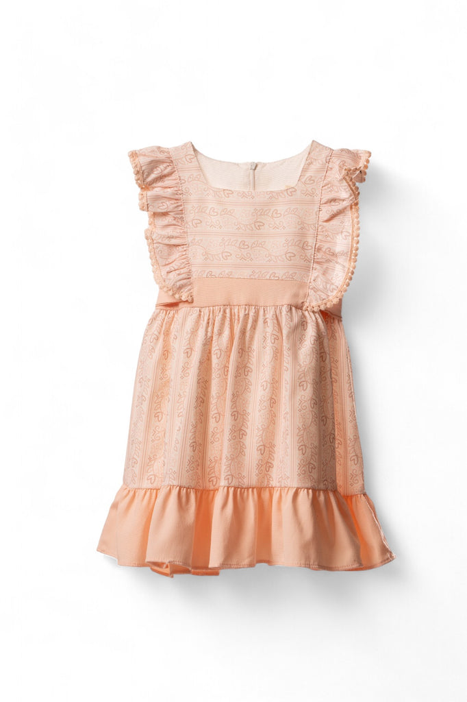 Salmon girl dress with ruffled sleeves, lace patterns, and a flared skirt.