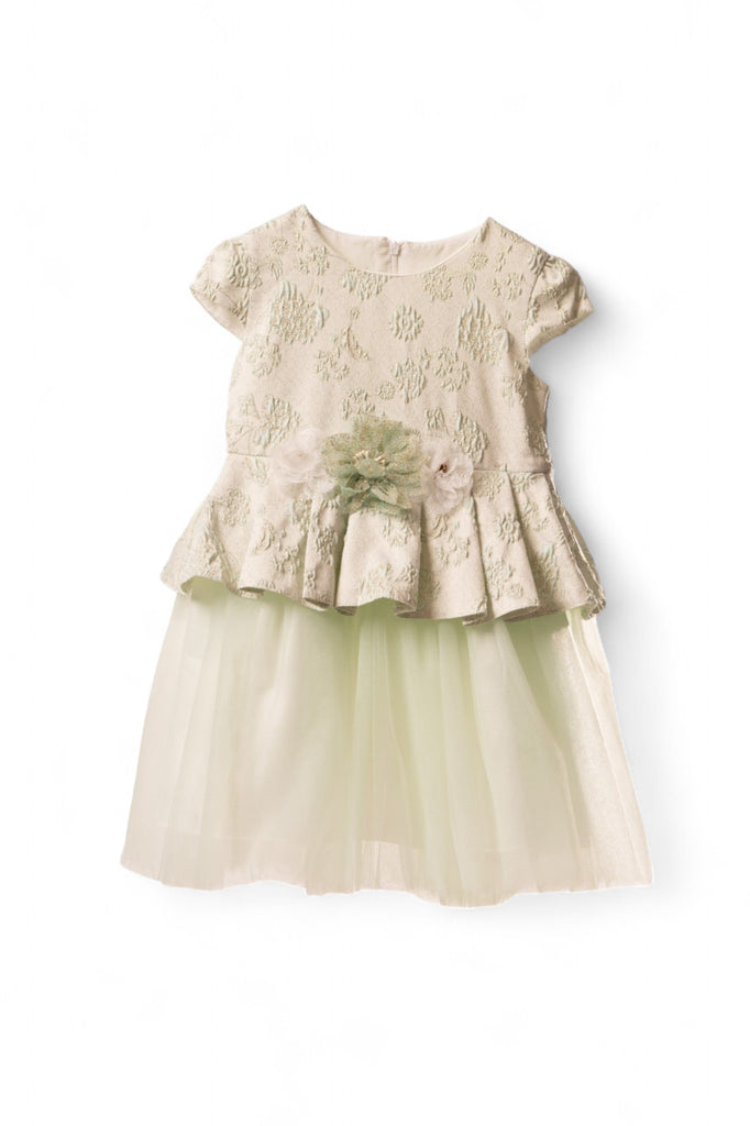 Green and white girl dress with floral pattern and tulle skirt