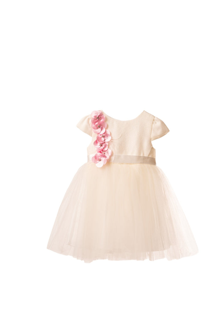 Beige tulle girl party dress with pink floral accents and matching headpiece