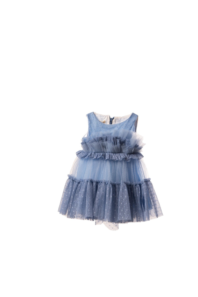 Baby girl blue tulle party dress with ruffles and polka dots, paired with a matching blue headband