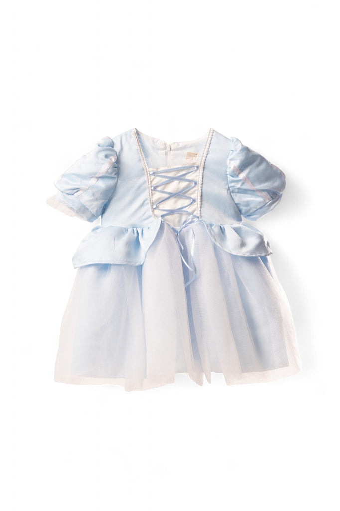 Blue princess costume dress with puff sleeves and tulle skirt