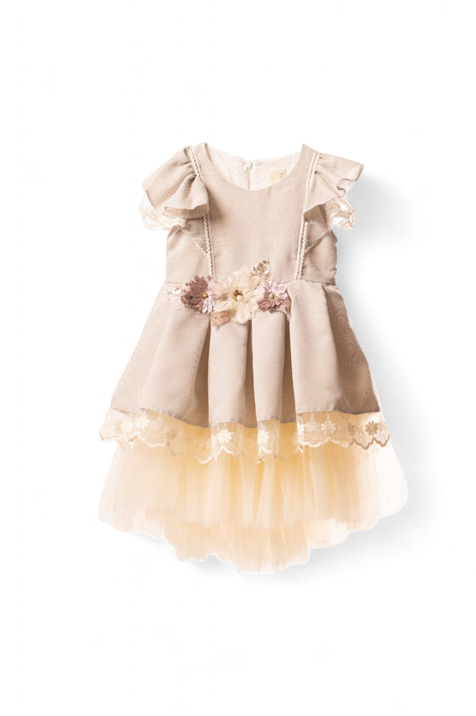 Elegant mint girl party dress with floral embellishments and lace hem, made in Turkey