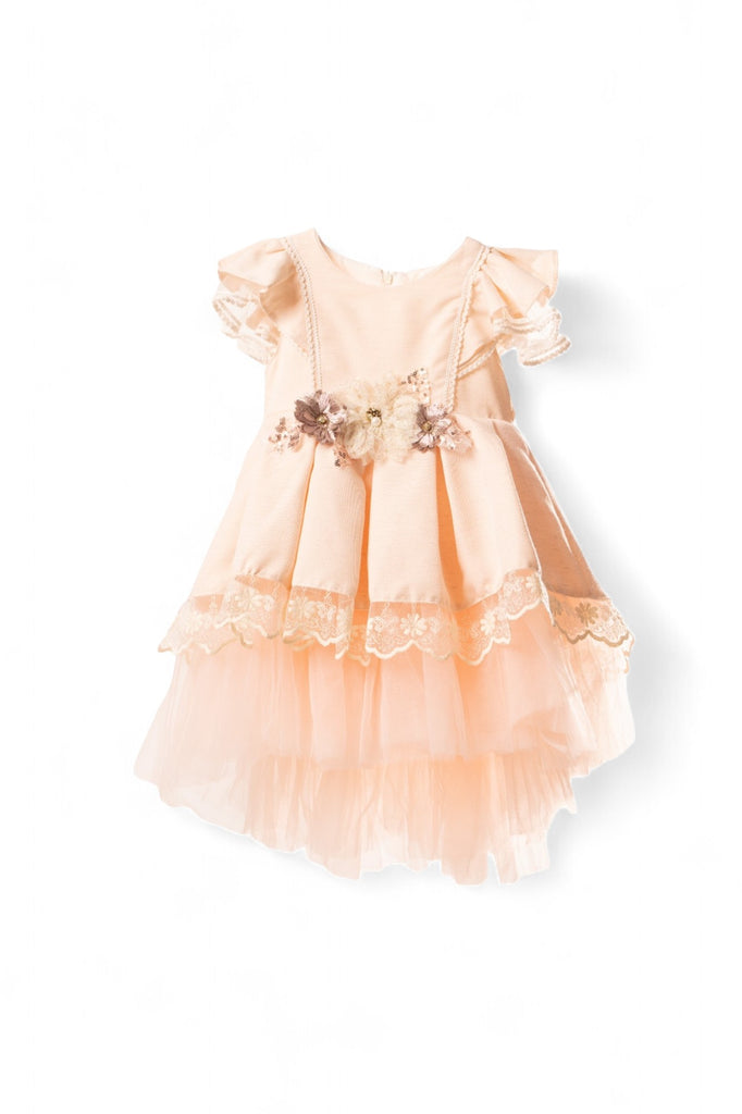 Elegant salmon girl party dress with floral embellishments and lace hem, made in Turkey