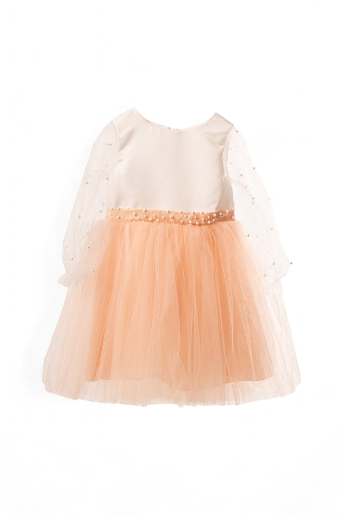 Salmon and white tulle girl party dress with polka dot accents and matching headpiece