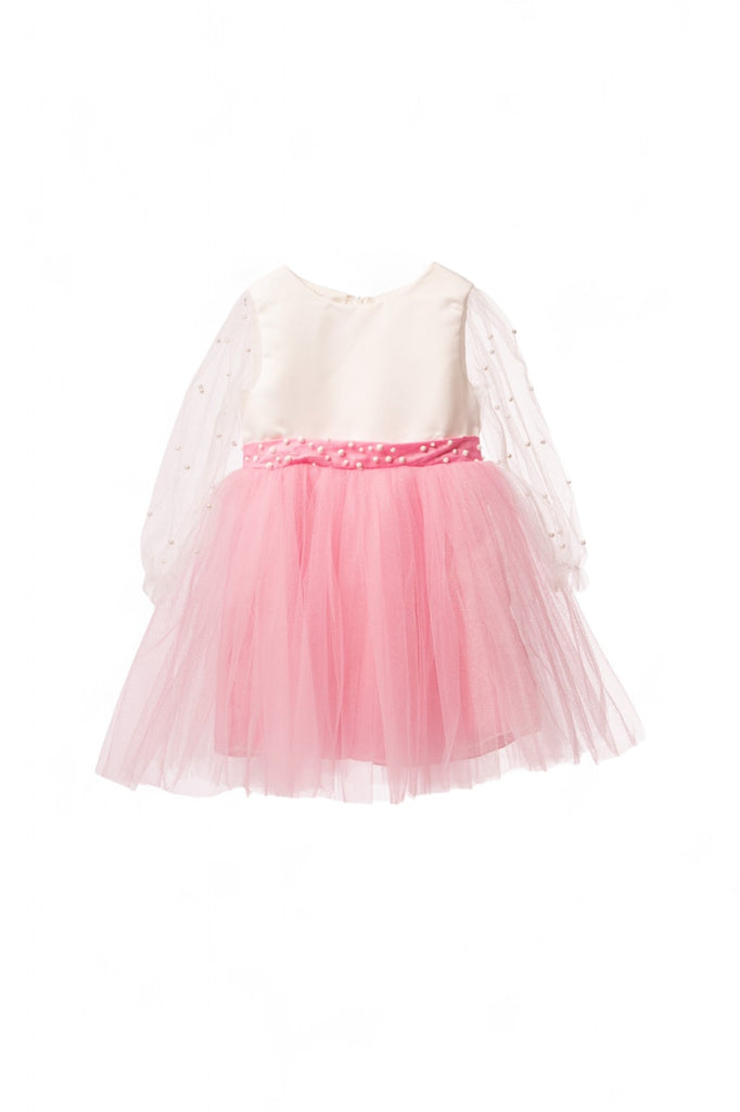 Pink and white tulle girl party dress with polka dot accents and matching headpiece