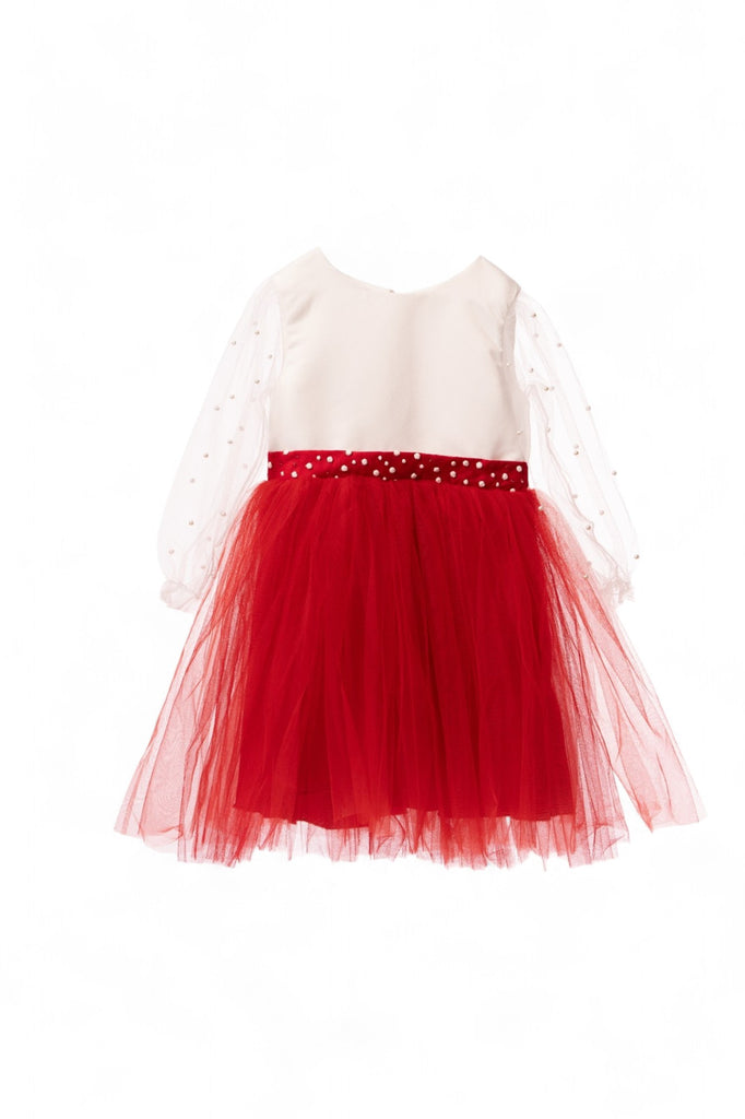 Red and white tulle girl party dress with polka dot accents and matching headpiece