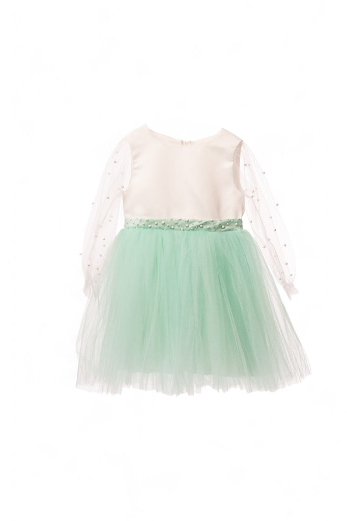 Green and white tulle girl party dress with polka dot accents and matching headpiece