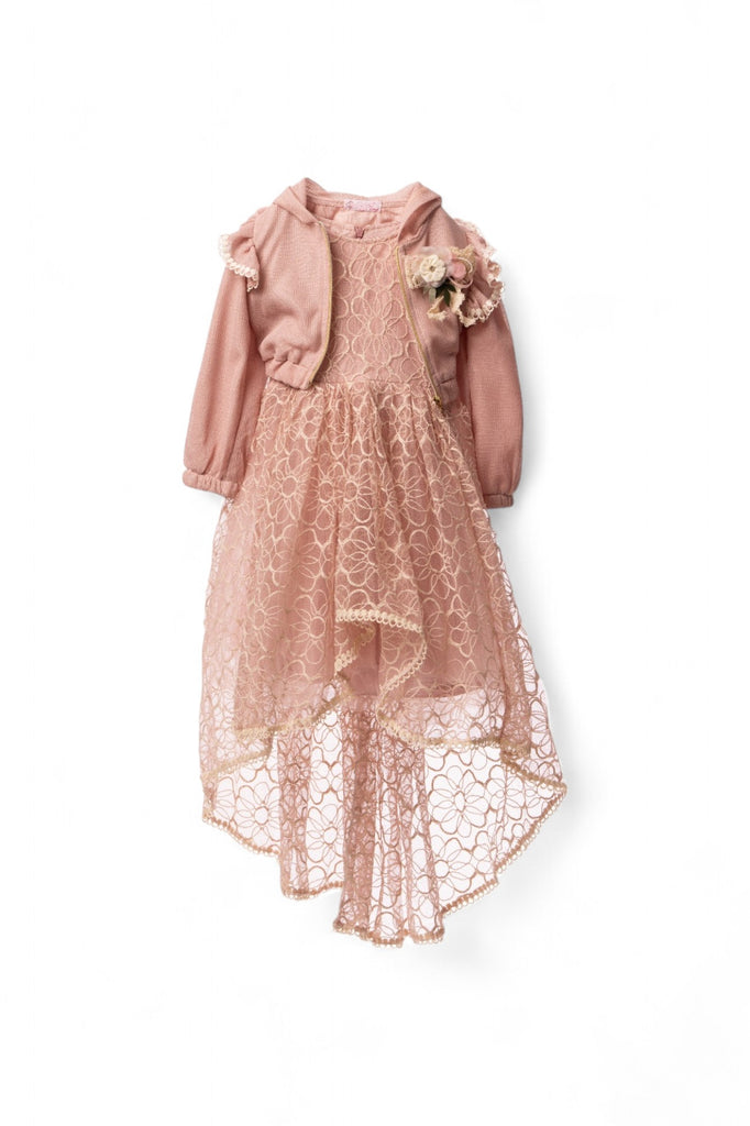 Pink high-low lace dress with matching hoodie and white purse