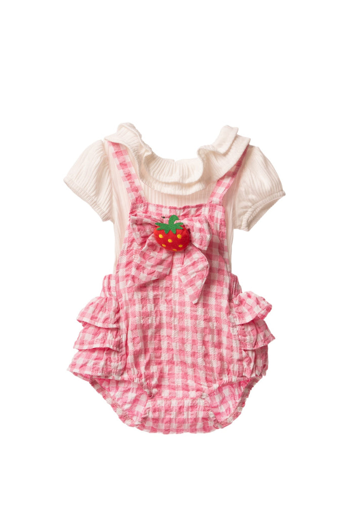 Pink and white checkered baby girl romper with white ruffled collar top and bow decoration