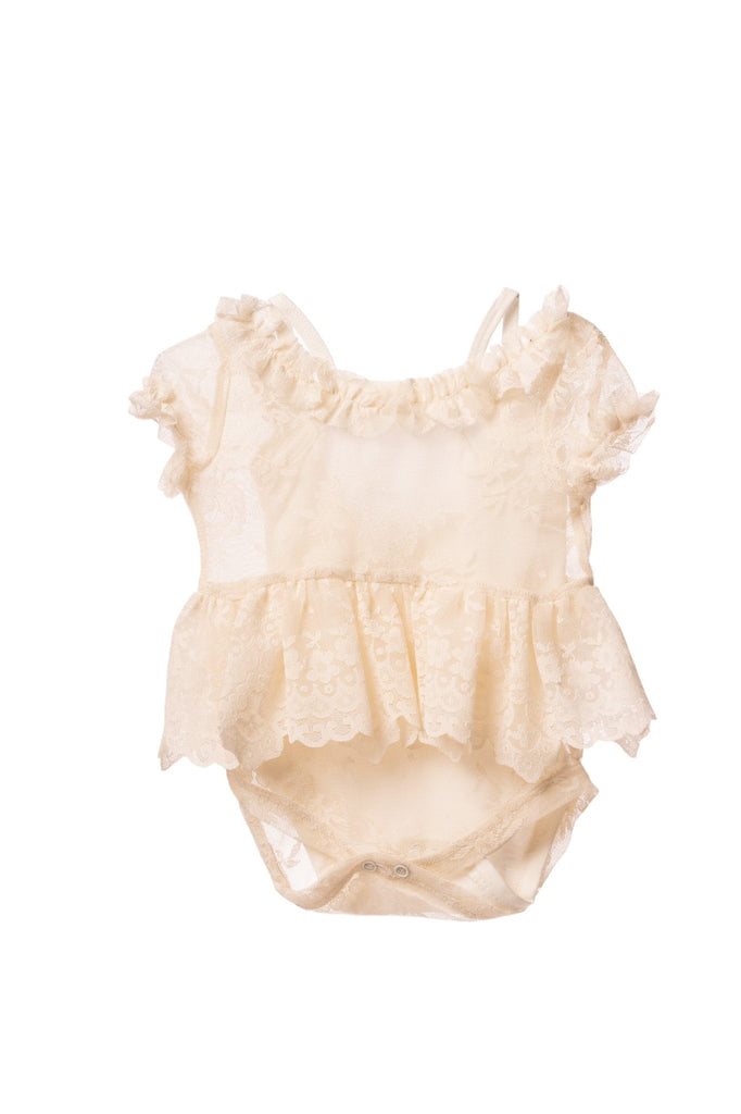 Baby girl beige lace peplum romper dress with ruffled sleeves and cotton inner lining