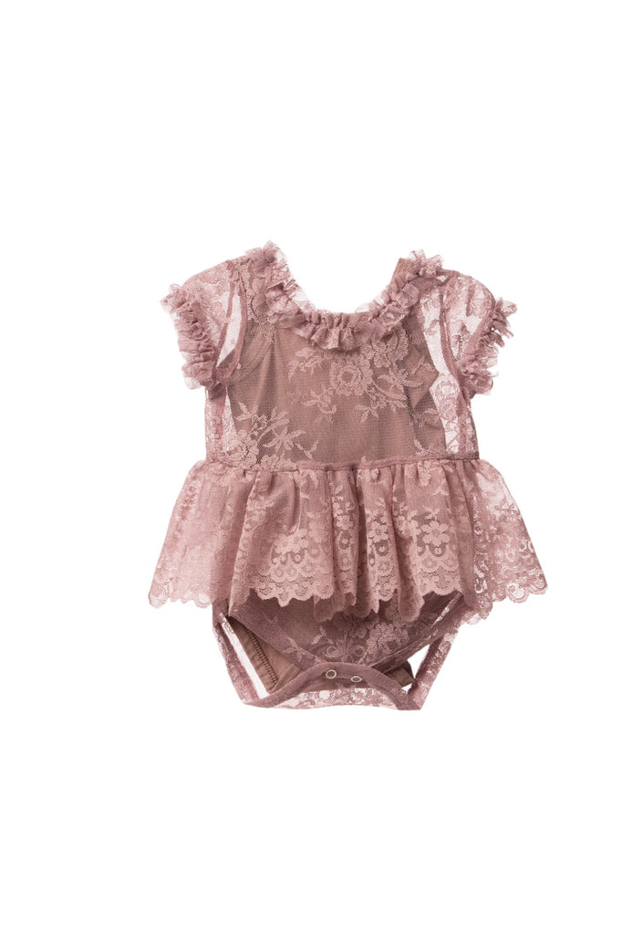 Baby girl lilac lace peplum romper dress with ruffled sleeves and cotton inner lining