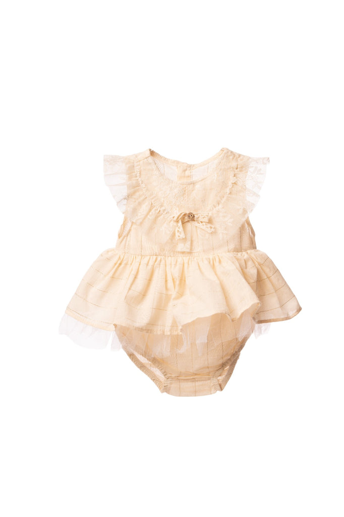 Baby girl frill romper dress made of ecru voile cotton with gold yarn details, tulle layers, and cotton lining
