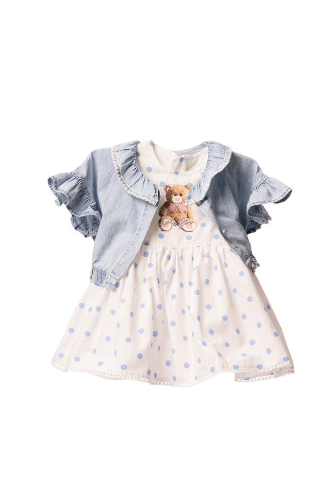Blue denim baby girl dress with ruffled sleeves and polka dot skirt