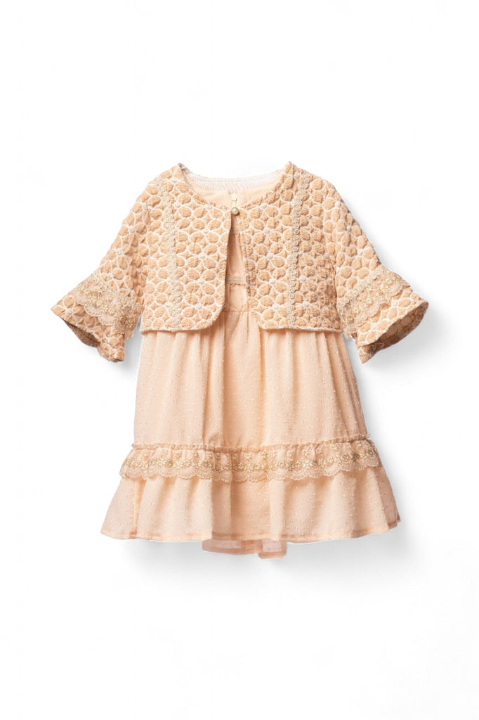 Elegant peach girl dress with lace trim and matching jacket