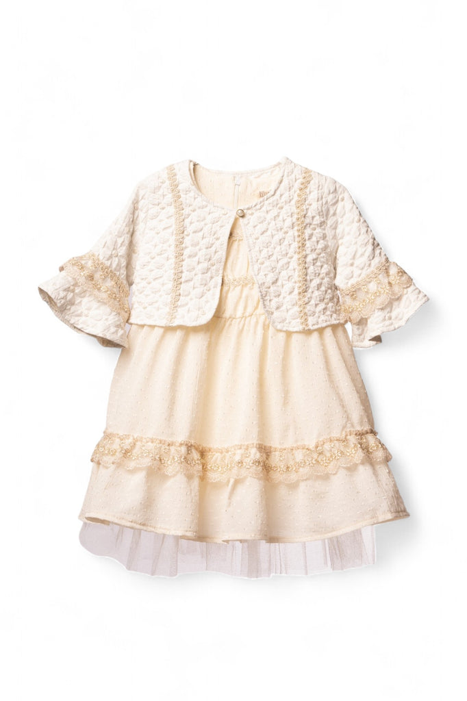 Elegant ecru girl dress with lace trim and matching jacket
