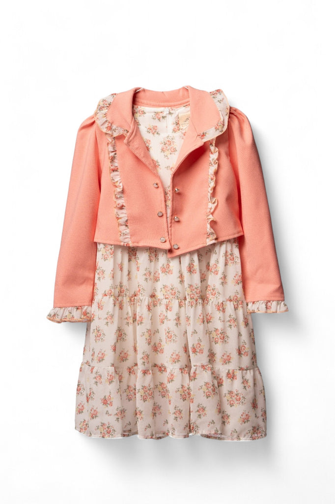 Floral girl dress with peach jacket and ruffle trim