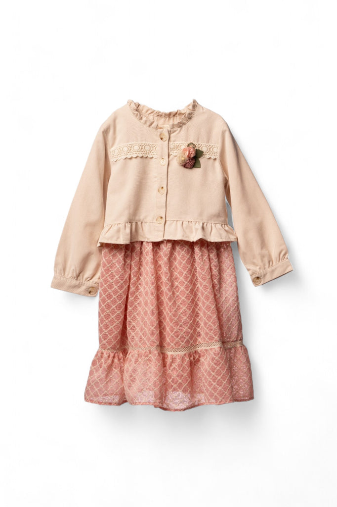 Coral patterned girl dress with lace trim and peach jacket with floral embellishment
