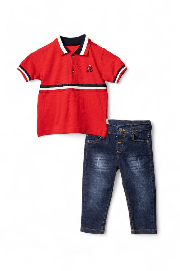 A stylish boy's casual outfit consisting of a red polo shirt with black and white stripes, paired with denim jeans.