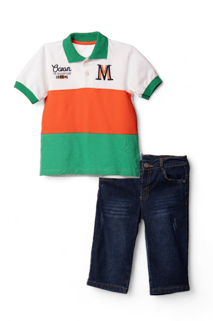 A stylish boy's casual outfit consisting of a green polo shirt with white and red stripes, paired with denim shorts.