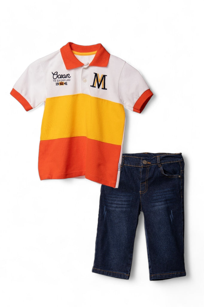 A stylish boy's casual outfit consisting of a red polo shirt with white and yellow stripes, paired with denim shorts.