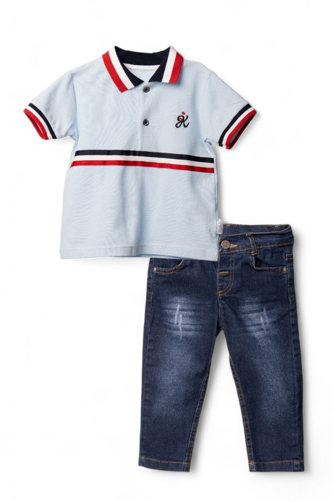 A stylish boy's casual outfit consisting of a light blue polo shirt with red and black stripes, paired with denim jeans.