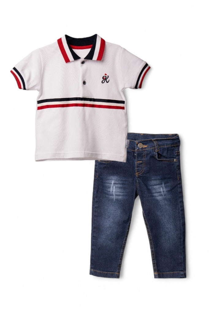A stylish boy's casual outfit consisting of a white polo shirt with red and black stripes, paired with denim jeans.